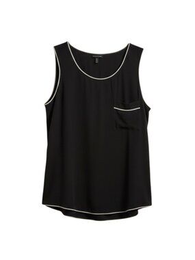 Eileen Fisher Silk Georgette Crepe Blouse Top Shirt Tank Contrast Trim Gray L
